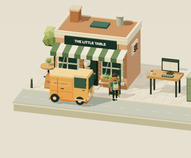 A warm miniature restaurant with a delivery van, produce crates, and an invoice review desk.
